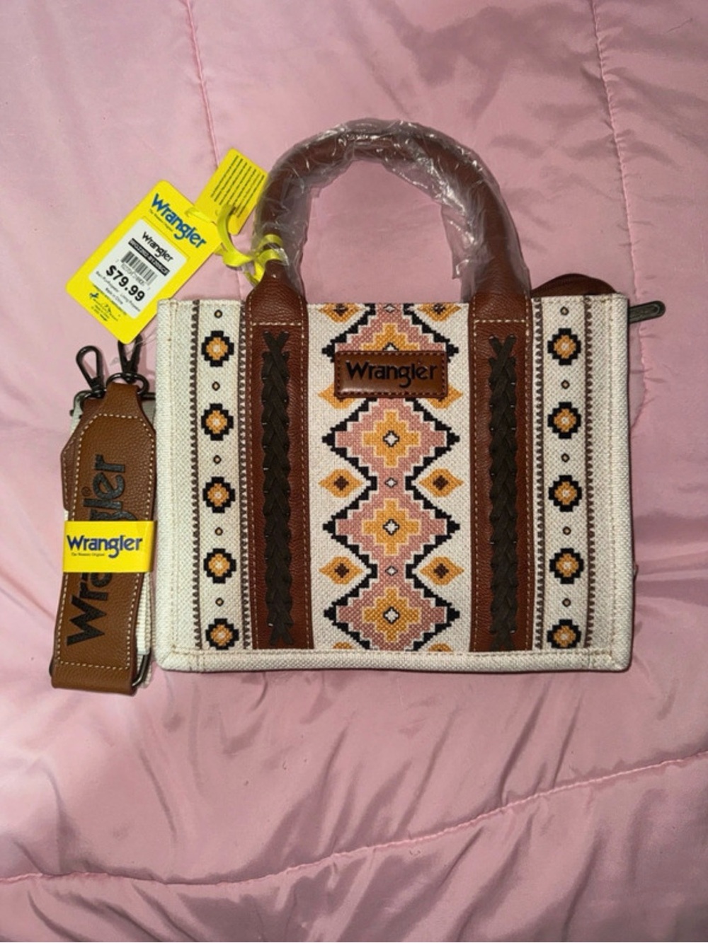 Wrangler Cream and Brown Embroidered Mini Tote with Yellow Accents